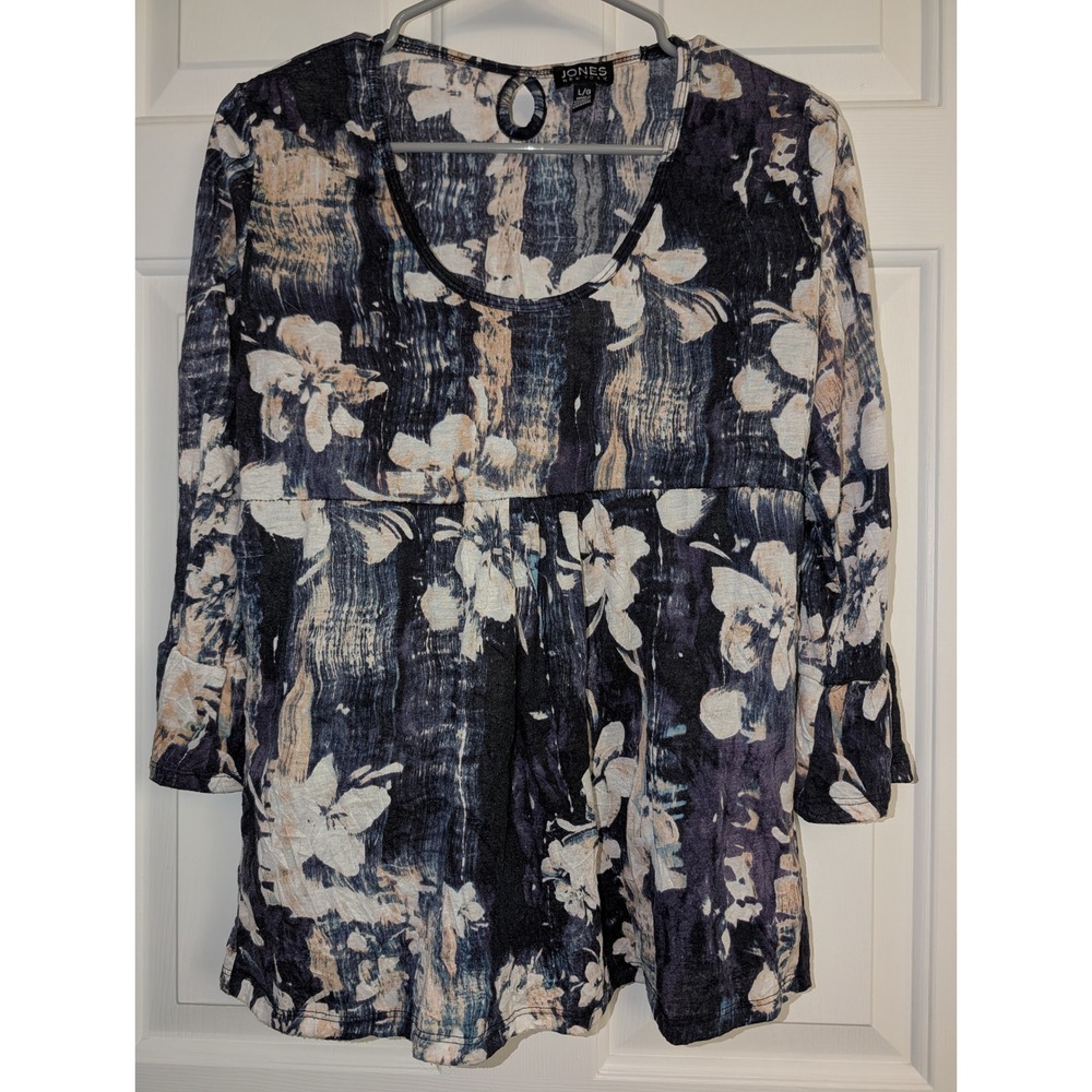 Jones New York Floral Empire Waist Blouse Navy Rayon 3/4 Sleeve Top Large